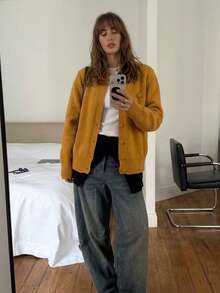 Women's Vintage Style Round Neck Cardigan Sweater With Front Pockets, Warm For Autumn/Winter - Yellow - View 2