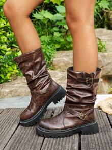 Women's Slip-On Thick Sole Mid-Calf Boots With Metal Buckle Decor, Ruched Fashion Vacation Autumn/Winter Boots - Brown - View 2