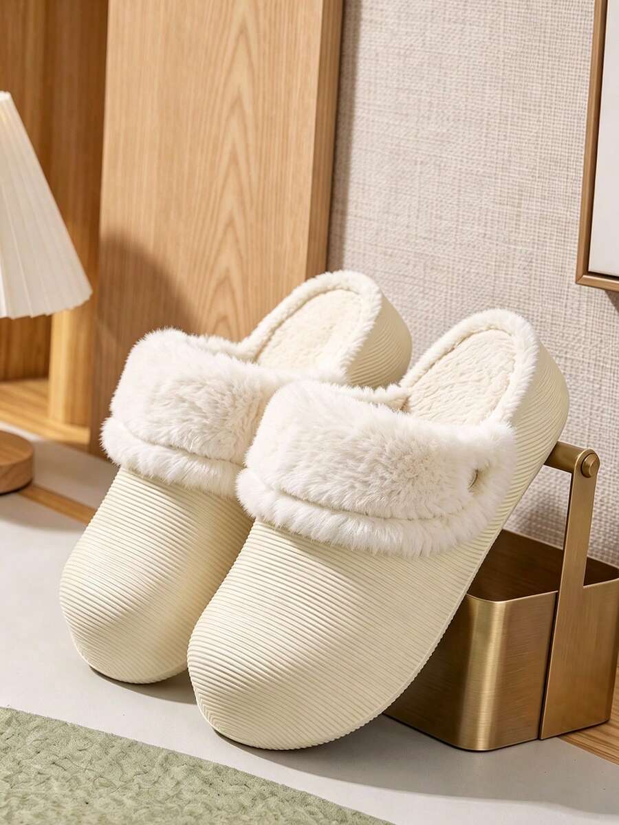 1 Pair Women's Fashion Versatile EVA Thick Sole Non-Slip Fur Trim Flat Casual Slippers, Suitable For Autumn/Winter