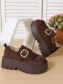 PWIIMG Women's Wedge Platform Shoes, Black Elastic Deep-Cut Slip-On Round Toe Retro Shoes, Tassel Loafers For Party, Music Festival, Commuting, Shopping, Buckle Design, Buckle Home - Dark Brown - View 1