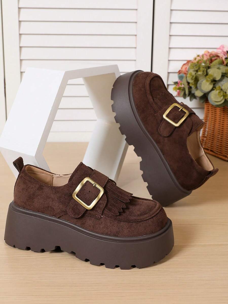 PWIIMG Women's Wedge Platform Shoes, Black Elastic Deep-Cut Slip-On Round Toe Retro Shoes, Tassel Loafers For Party, Music Festival, Commuting, Shopping, Buckle Design, Buckle Home - Dark Brown - View 1