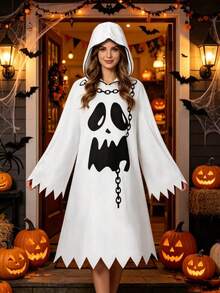 1pc Halloween Ghost Face White Ghost Cape, Unisex Cosplay Costume, Suitable For Theme Party (Fits Height 150cm) - View 4
