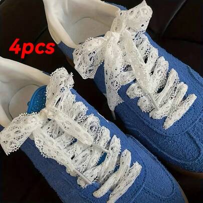 QKC 2 pares de cordones de zapatos blancos con lazo de encaje hueco para mujer, accesorios de zapatos adecuados para zapatillas, zapatos casuales, zapatos planos, zapatos de lona, zapatos de boda