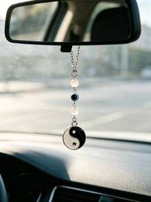 Black & White Tai Chi Yin Yang Car Hanging Ornament Cat Eye Beaded Rearview Mirror Pendant Niche Car Interior Decoration Peace Charm - A - View 3