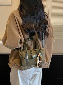 Vintage Colorblock Boston Bag, Maillard Style, Crossbody, Niche Quality, Commuter Women's Handbag - Green - View 3