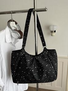 1件黑白波點女款單肩包，頂部拉鍊+側面拉鍊，星星吊飾，大容量 - 黑色 - 查看 2