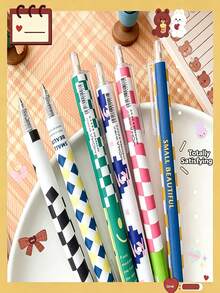 6pcs Checkerboard Color Block Click Neutral Pens, Bullet Tip Black Ink Click Pens, Highly Attractive Ins Style Back To School Stationery, Smooth Ballpoint Pens For Exams, Office And Study Supplies, Back To School Gift For Friends - Checkerboard Pattern - View 2