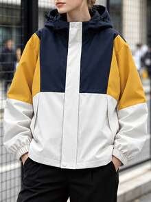 Women's Spring/Autumn Outdoor Casual Colorblock Patchwork Zip-Up Hooded Jacket - Yellow - View 1