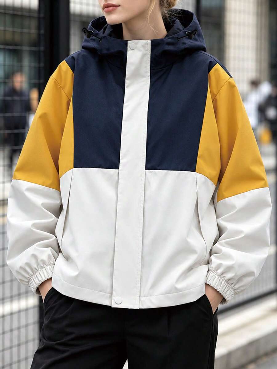 Women's Spring/Autumn Outdoor Casual Colorblock Patchwork Zip-Up Hooded Jacket - Yellow - View 1