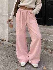 Women's Linen Texture Wide Leg Pants, Drawstring Elastic Waist Loose Casual Long Pants, Lightweight Summer Autumn Wide Leg Pants - Pink - View 2
