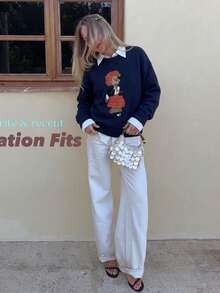 Women's Autumn Cartoon Pattern Crew Neck Drop Shoulder Long Sleeve Casual Sweater - Navy Blue - View 5
