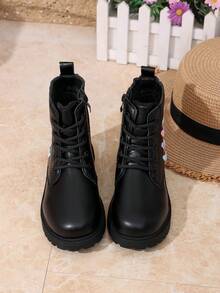 Girls' Boots, Autumn/Winter New Style Black Boots With Colorful Embroidery, Side Zipper, Non-Slip Thick Sole, Children's Ankle Boots - Black - View 6