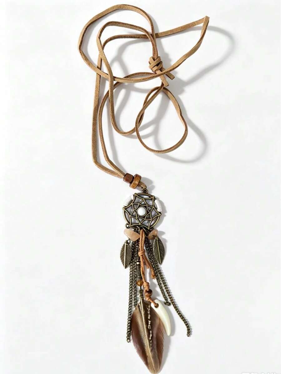 1pc Bohemian Long Necklace With Natural Feathers For Women - Coffee Brown - View 1