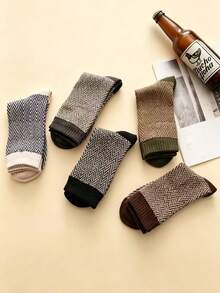 Men's Multi-Color Contrast Striped Ribbed Cuff Cotton Warm Vintage Business Mid-Calf Socks, Autumn/Winter Commute - Multicolor - View 3