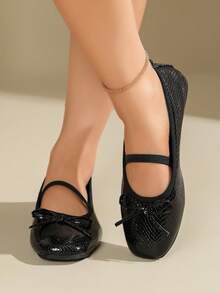 Women's Vintage Ballet Style Bow Snake Print Square Toe Single Strap Flat Shoes - Black - View 5