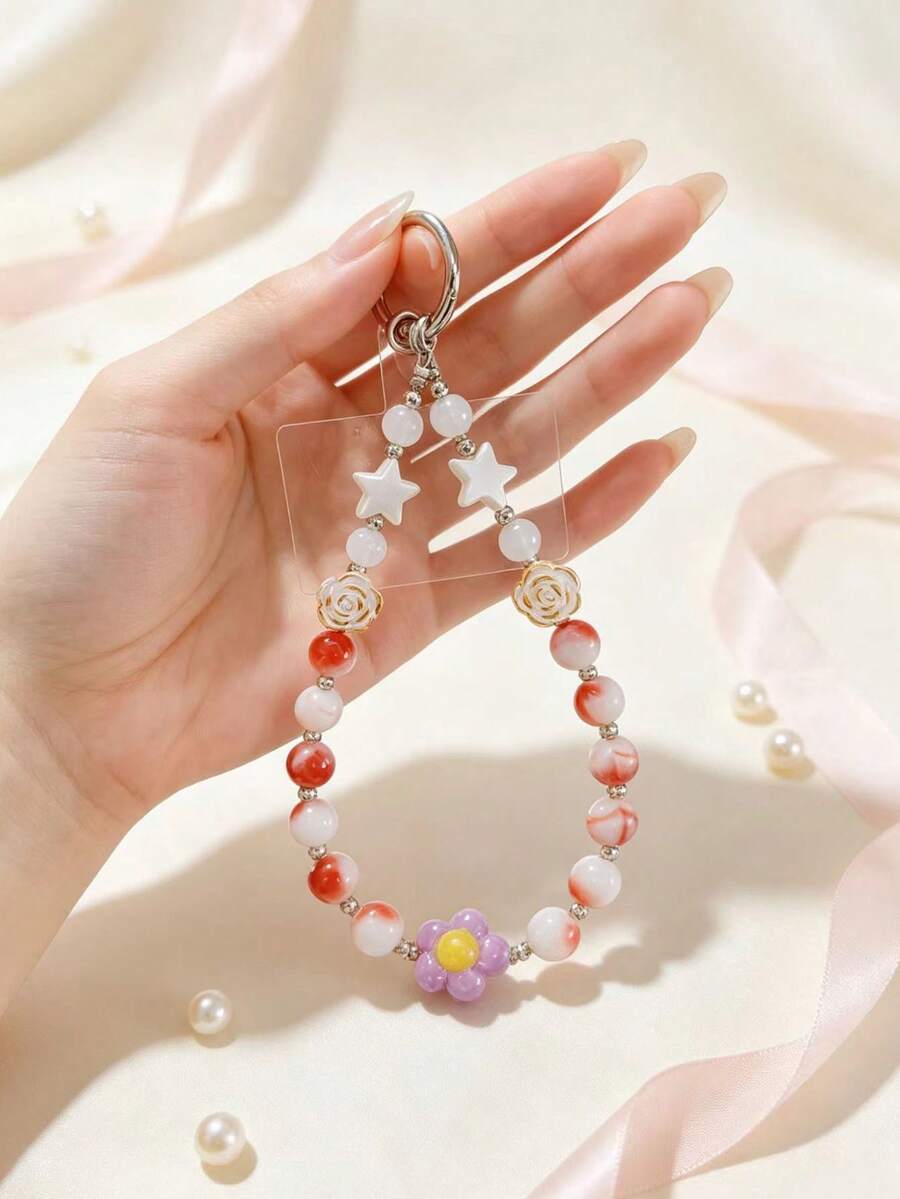 1pc Star & Flower Beaded Phone Case Lanyard, Sweet Bag & Car Charm, CCD Camera Keychain Anti-Lost Chain, Suitable For Daily Wear, Can Be Used As A Gift - Multicolor - View 1