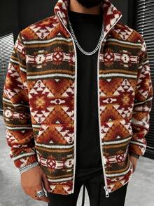 GOLDREDY Men's Autumn/Winter Vintage Geometric Pattern Warm Full Zip-Up Stand Collar Pocket Sweatshirt - Orange - View 6