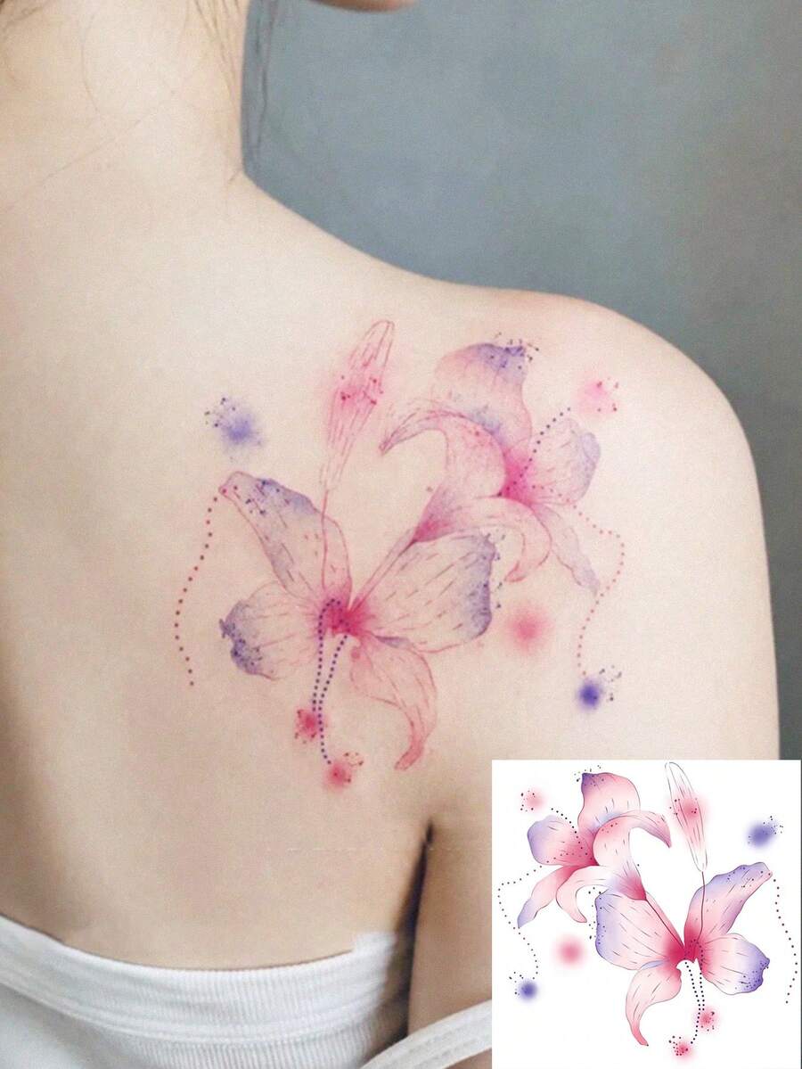 1 Sheet Pink Purple Watercolor Lily Flower Temporary Tattoo Stickers, Soft Gradient Floral With Dot Trail & Ink Splatter Fake Tattoos, Waterproof Aesthetic Body Art For Shoulder Back - Multicolor - View 1