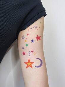1 Sheet Colorful Star & Crescent Moon Temporary Tattoo Stickers, Hand Drawn Multi-Color Stars With Tiny Dots Fake Tattoos, Waterproof Dreamy Body Art For Upper Arm Forearm - Multicolor - View 2
