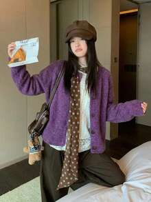 Solid Color Round Neck Cuffed Single-Breasted Knit Cardigan, Casual Commute Lazy Style Sweater Jacket - Purple - View 5