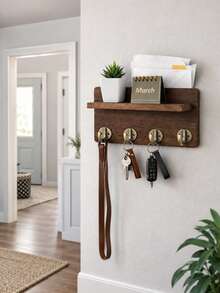 Organizador de llaves de madera decorativo con 4 ganchos dobles para montaje en pared, con estante de almacenamiento para entrada, decoración del hogar, cartas, paquetes, estilo vintage rústico, soporte para llaveros montado - 4 ganchos - Ver 1