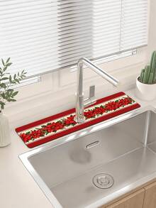 1pc Christmas Sink Faucet Water Absorbent Mat, Christmas Floral Decorative Pattern, Drainage Mat, Suitable For Kitchen, Bathroom Sink, Countertop, Drainage Mat, Diatomaceous Earth Material, Trimmable, Quick-Drying Mat - Multicolor - View 5