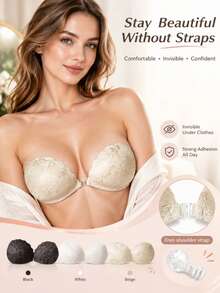 1/2/3pcs Lace Adhesive Bra, Front Closure Lift-Up Nipple Covers, Suitable For Bikini And Evening Gown For Party, Dinner, Graduation, Date, Music Festival And Other Occasions, All Year Round - Multicolor - View 1