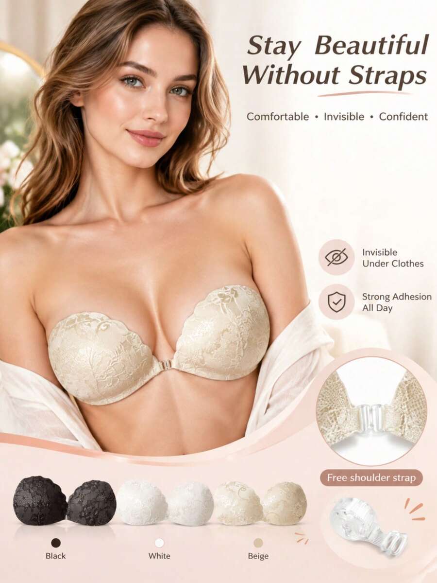 1/2/3pcs Lace Adhesive Bra, Front Closure Lift-Up Nipple Covers, Suitable For Bikini And Evening Gown For Party, Dinner, Graduation, Date, Music Festival And Other Occasions, All Year Round - Multicolor - View 1