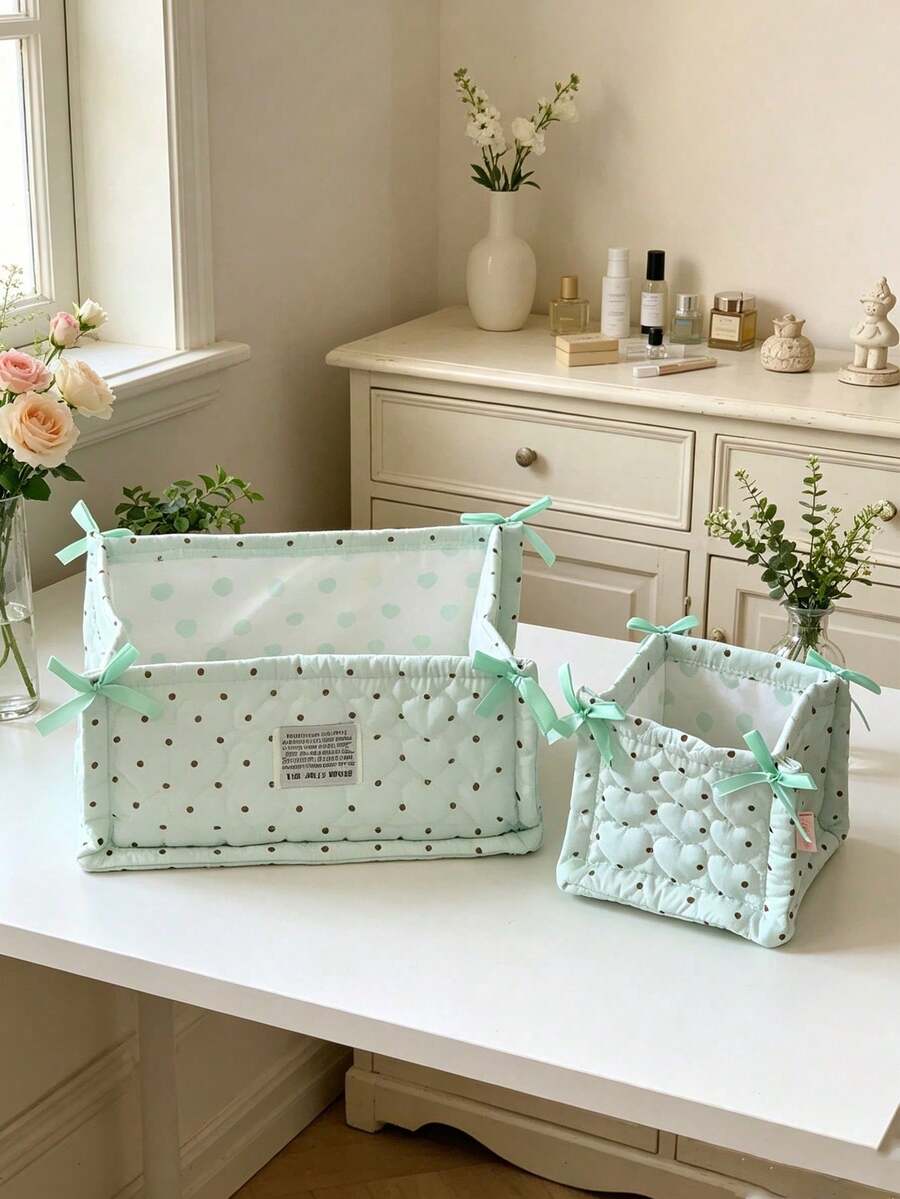 Strawberry Print Quilted Storage Basket, Bow Decor Foldable Fabric Storage Bin, Polka Dot Desktop Organizer, Home Vanity Clutter Storage Box - Multicolor - View 1
