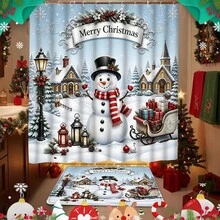 1/4pcs Christmas Snowman Shower Curtain Set, Christmas Tree Snowflake Pine Branch Winter Holiday Bathroom Curtain 180 X 180 Cm, Waterproof Mildew-Resistant Polyester Material, With 12 Hooks - A - View 7