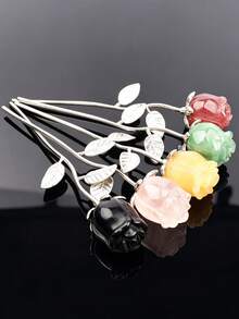 1pc Natural Crystal Carved Rose Flower Ornament, Multi-Color Mineral Craft Desktop Decoration Small Figurine, Metal Stem And Leaf Rose Bouquet - Rose Bouquet - View 2