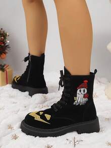 Autumn/Winter Vintage Flat Side Zipper Cross Strap Ankle Boots Chunky Heel Mid-Heel Women's Lace-Up Boots - Black - View 7