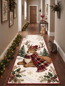 1PC Deer Runner Rug, Bathroom Mat, Hallway Carpet, Bedroom Mat, Winter Christmas Decoration, Winter Christmas Decoration Gift - Red - View 1