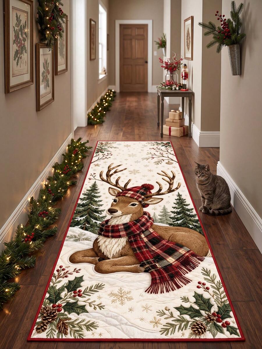 1PC Deer Runner Rug, Bathroom Mat, Hallway Carpet, Bedroom Mat, Winter Christmas Decoration, Winter Christmas Decoration Gift - Red - View 1