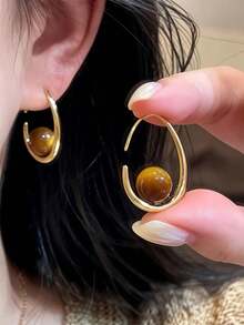 1 Pair Vintage Tiger Eye Teardrop Earrings For Women, High-End Luxury Gold Hoop Earrings With Atmospheric Vibe - Brown - View 2
