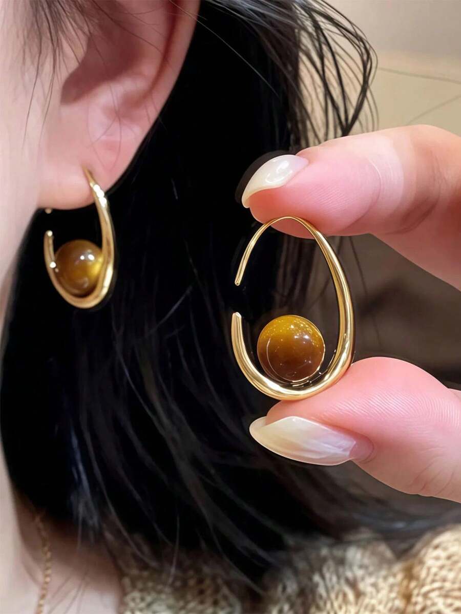 1 Pair Vintage Tiger Eye Teardrop Earrings For Women, High-End Luxury Gold Hoop Earrings With Atmospheric Vibe