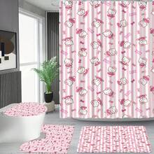 SANRIO 4pcs Multi-Pattern Hello Kitty Bathroom Shower Curtain Set[1pc Shower Curtain 180x180cm+3pcs Mat 38x44cm+38x45cm+45x75cm] - Shower Curtain Set - View 2