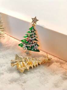 1 Pair Fashionable Luxury Metal Christmas Tree & Star Earrings With Colorful Cubic Zirconia And Bow, Perfect Decoration For Christmas Party - Green - View 3