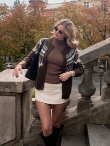 Women's Vintage Fair Isle Pattern Button-Up Cardigan Knit Sweater Long Sleeve Winter Top - Brown - View 6