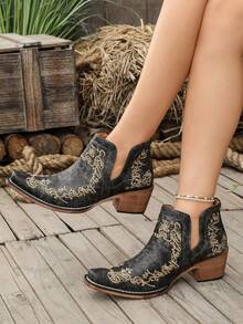 Women's Vintage Embroidered Western Cowboy Ankle Boots, Hollow Pointed Toe Chunky Heel Retro Country Style Ankle Boots, Plus Size Available - Black - View 2