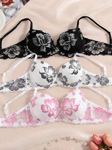 Bộ 3 áo ngực nữ nâng ngực chống trượt đúc đục thêu ren thanh lịch - Nhiều màu - Xem 1