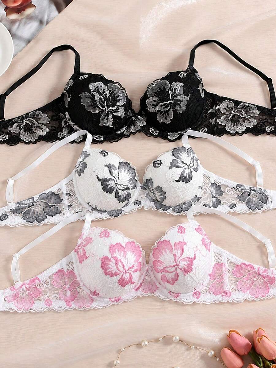 Bộ 3 áo ngực nữ nâng ngực chống trượt đúc đục thêu ren thanh lịch - Nhiều màu - Xem 1