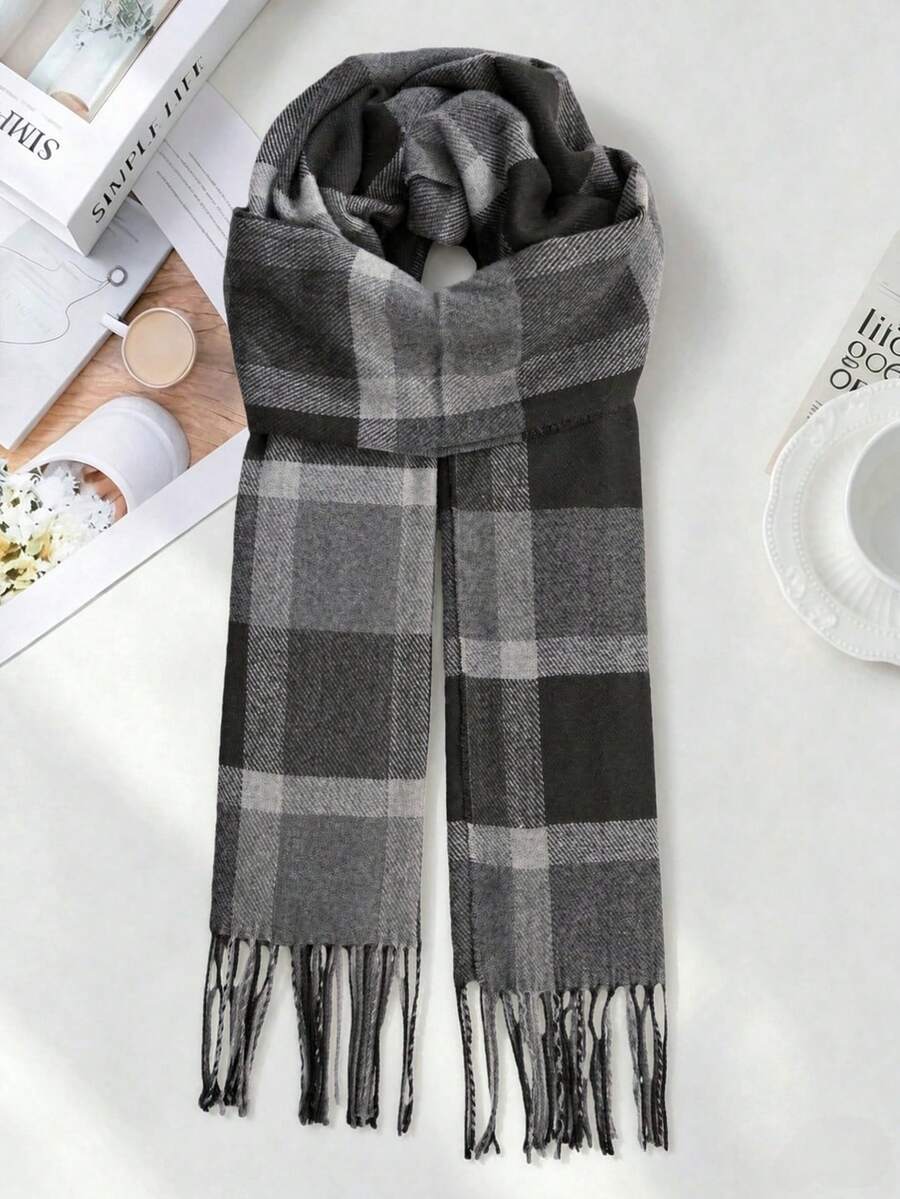 Premium Classic Plaid Scarf, Versatile Boyfriend Gift, Unisex Winter Warm Double-Sided Korean Style Neck Warmer, Blanket - Black - View 1