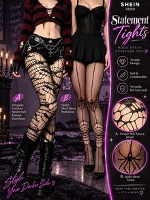 1/2pcs Women's Gothic Fishnet Tights Set,Spiderweb & Spider Motif Sheer Pantyhose,Stretchy Mesh Stockings For Halloween Party Outfits & Daily Wear Set - Black - View 16