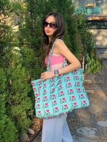 Korean Niche Design Ins Style Cartoon Cute Letter Heart Canvas Tote Bag, Large Capacity Commuter Shoulder Bag, Minimalist Shopping Bag, Versatile Tote Bag For Women - Turquoise - View 4