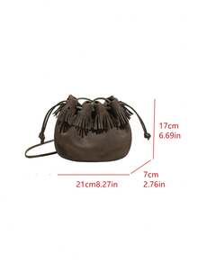 Autumn/Winter New Fashion Ruched Faux Suede Bucket Bag Mini Phone Bag Small Square Bag Commuter Style Women's Bag With Tassel - Dark Green - View 11