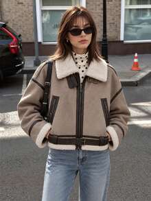 Women Retro Loose Spliced Faux Leather Soft Fur Short Jacket Winter Female Zipper Belt Coat Vintage Outwear - Khaki - View 3