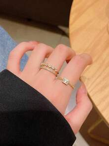 Set 4 Cincin Terbuka Asimetris Emas Elegan Bertabur Berlian Imitasi Gaya Prancis, Cincin Desain Minimalis Mewah Serbaguna untuk Wanita, Cocok untuk Pemakaian Sehari-hari, Liburan, dan Perjalanan. - Set cincin 4 buah - View 4