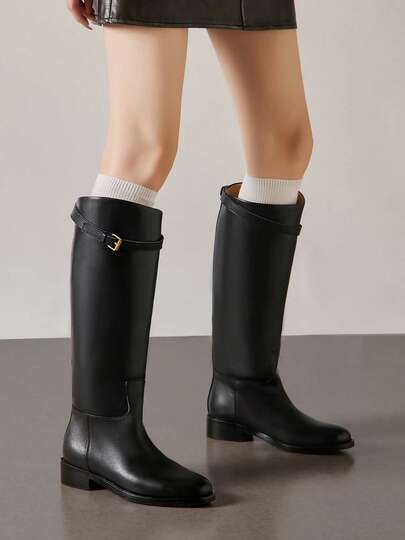 Autumn/Winter New Round Toe Chunky Heel Pant Boots British Style Buckle Decor Knight Boots Flat Heel Knee-High Boots