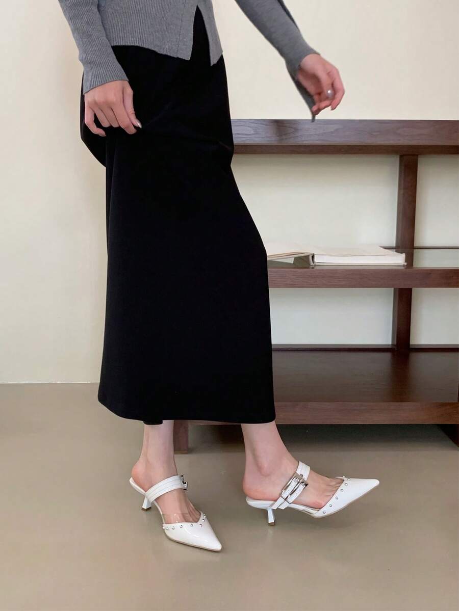 Women's Pointed Toe Double Buckle Half-Slip-On Mule Shoes, Fashionable Thin Heel Closed-Toe High Heels, White Premium Spliced Sexy Rivet Design